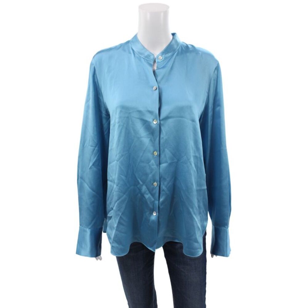 Vince Women Basic Blue Silk Collared Button Long Sleeve Blouse Size L